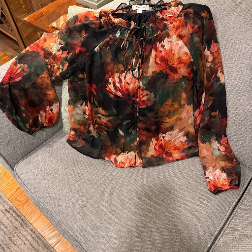 Red and Orange Puff Sleeve Tie Front Blouse